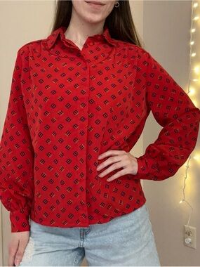 Vintage Red Patterned Button Up Blouse